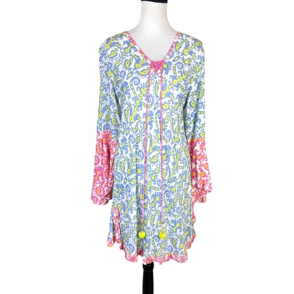 Z&L Other - Z&L Pink Blue Ornamental Paisley Colorful Bell Sleeve Coverup Tunic Mini Dress